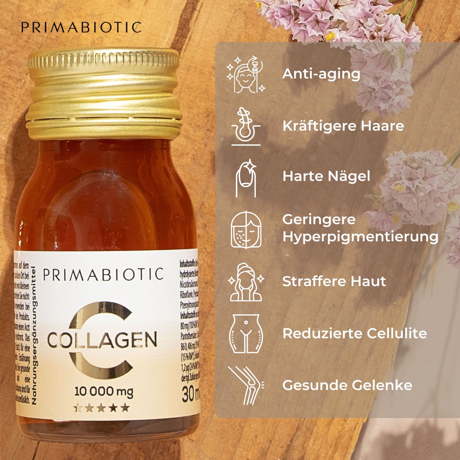 Liquido marrone in bottiglia. Scritta: Primabiotic Collagen, 10.000 mg. Vantaggi: anti-età, capelli più forti, unghie dure, ecc.