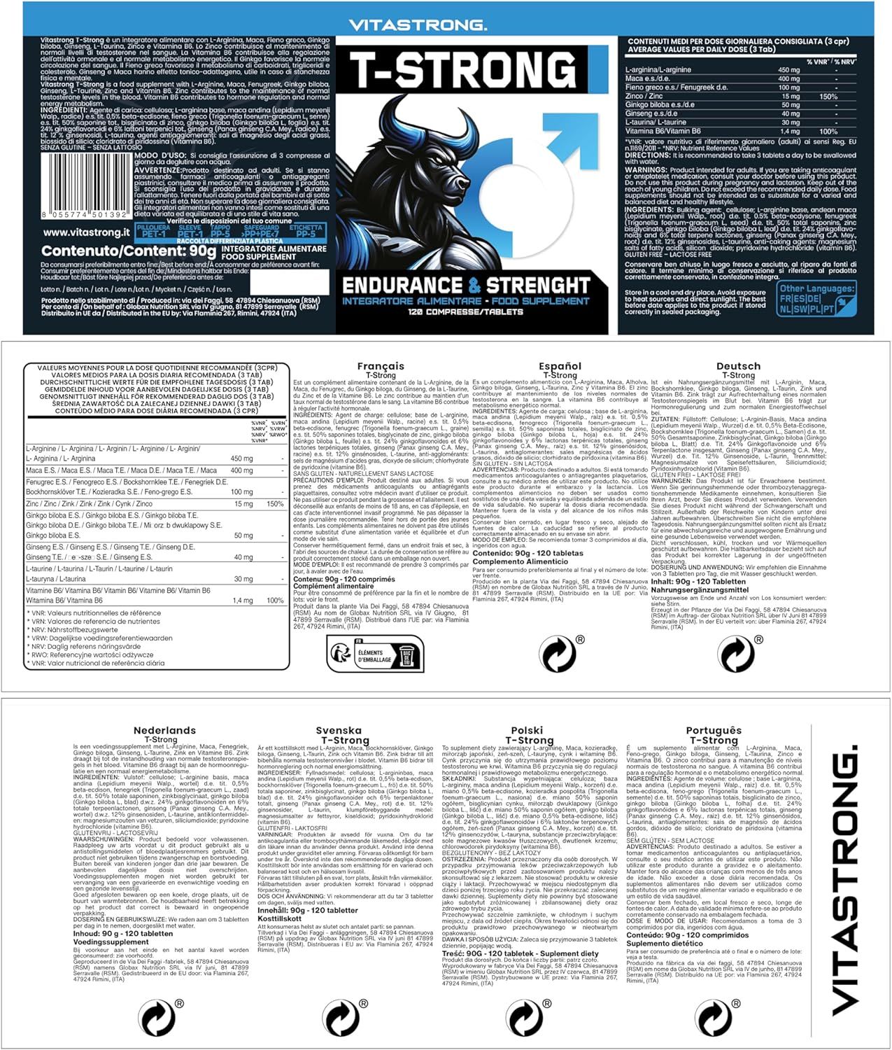 Etichetta del prodotto con ingredienti e informazioni nutrizionali. Multilingue.