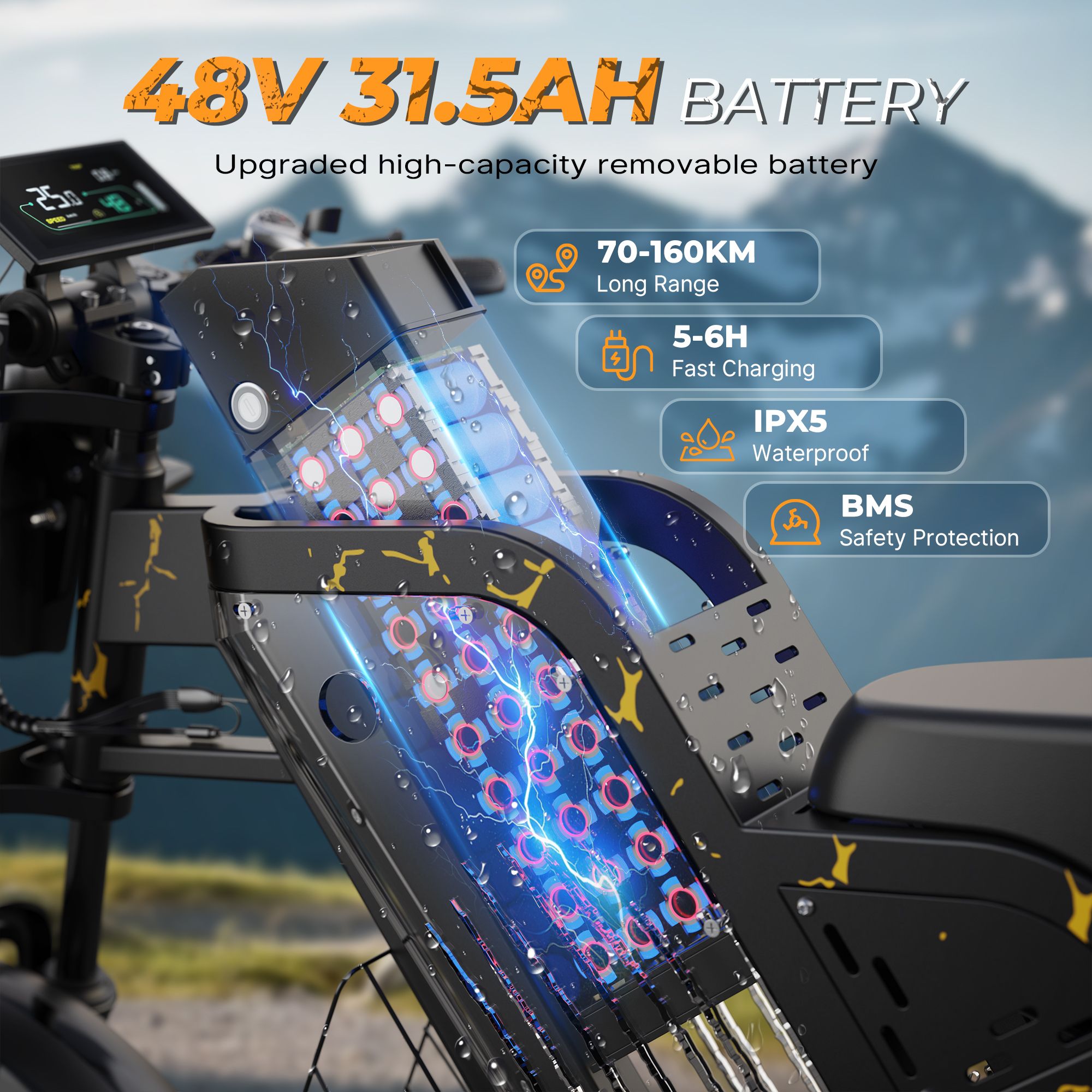 Primo piano della batteria di una bici elettrica. Testo: 48V 31.5AH BATTERY, 70-160KM, 5-6H, IPX5, BMS.