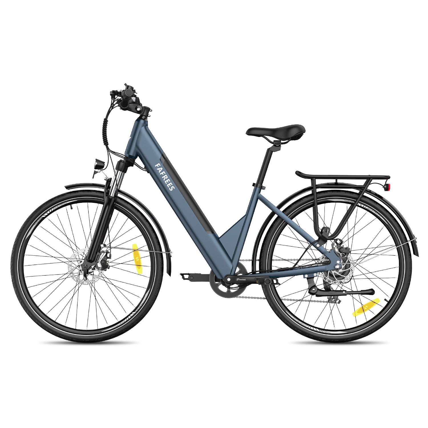 E-bike blu con portapacchi. Marchio FAFREES. Pneumatici e parafanghi neri. Riflettori gialli.