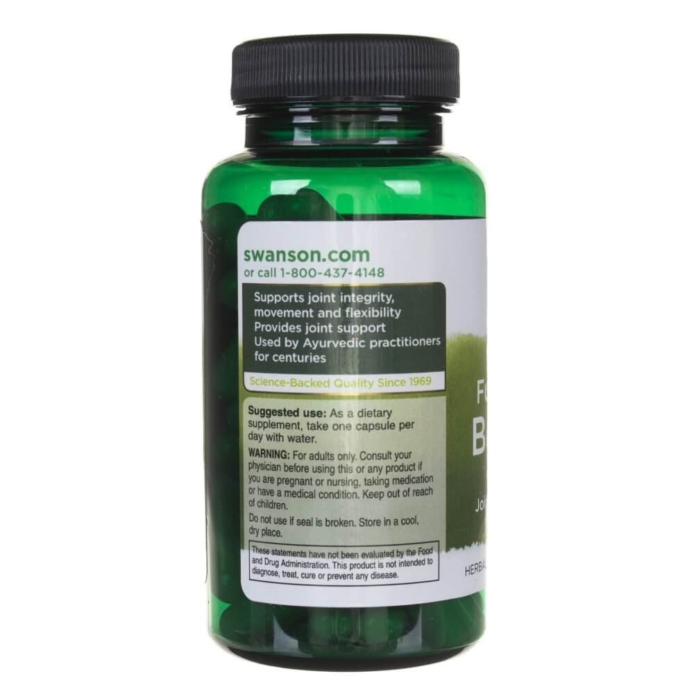 Retro di un flacone verde Swanson Boswellia a spettro completo. Informazioni sull'uso e sigillo di qualità visibili.
