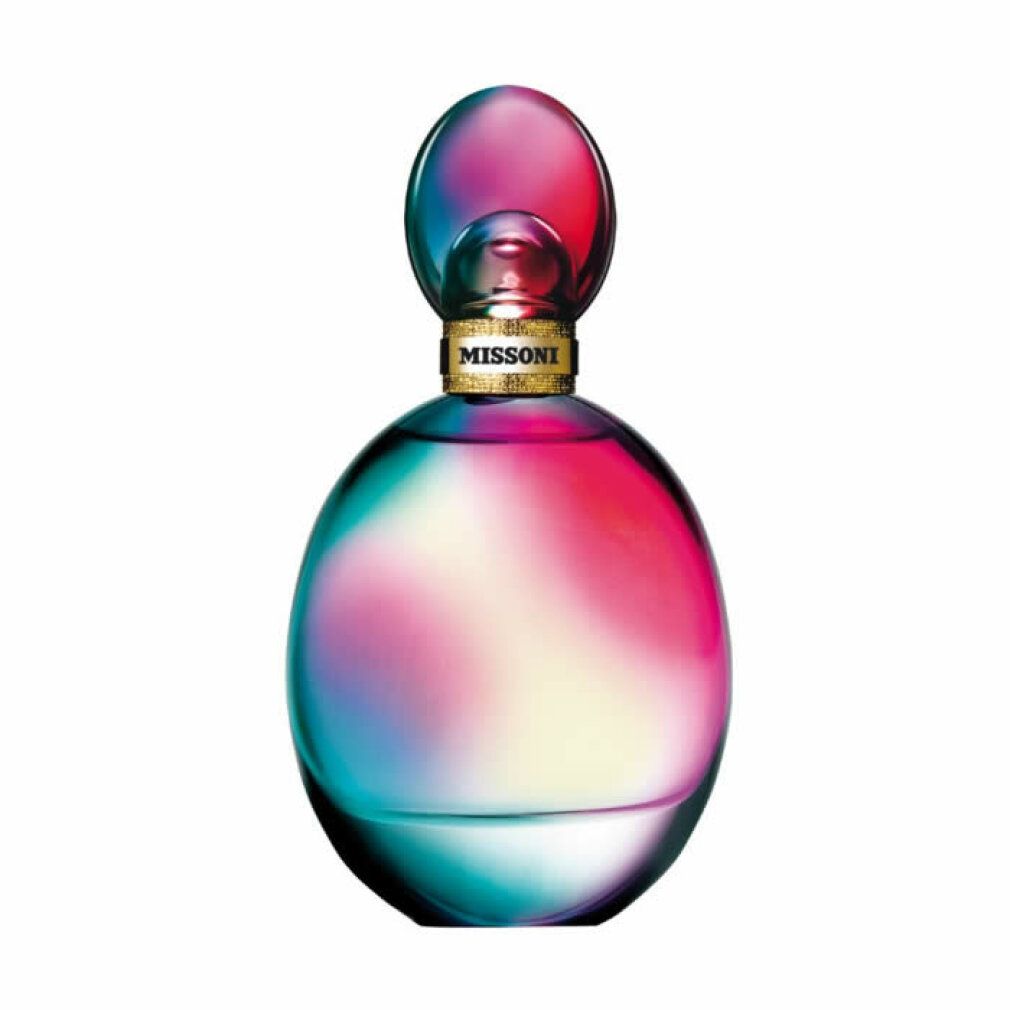 Flacone rotondo con tappo ovale. Sfumatura da blu a rosa. Chiusura dorata con scritta "MISSONI".