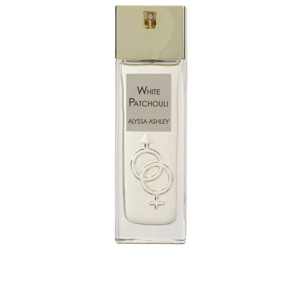 Flacone di profumo rettangolare con tappo dorato. Scritta: White Patchouli, Alyssa Ashley. Simboli intrecciati.
