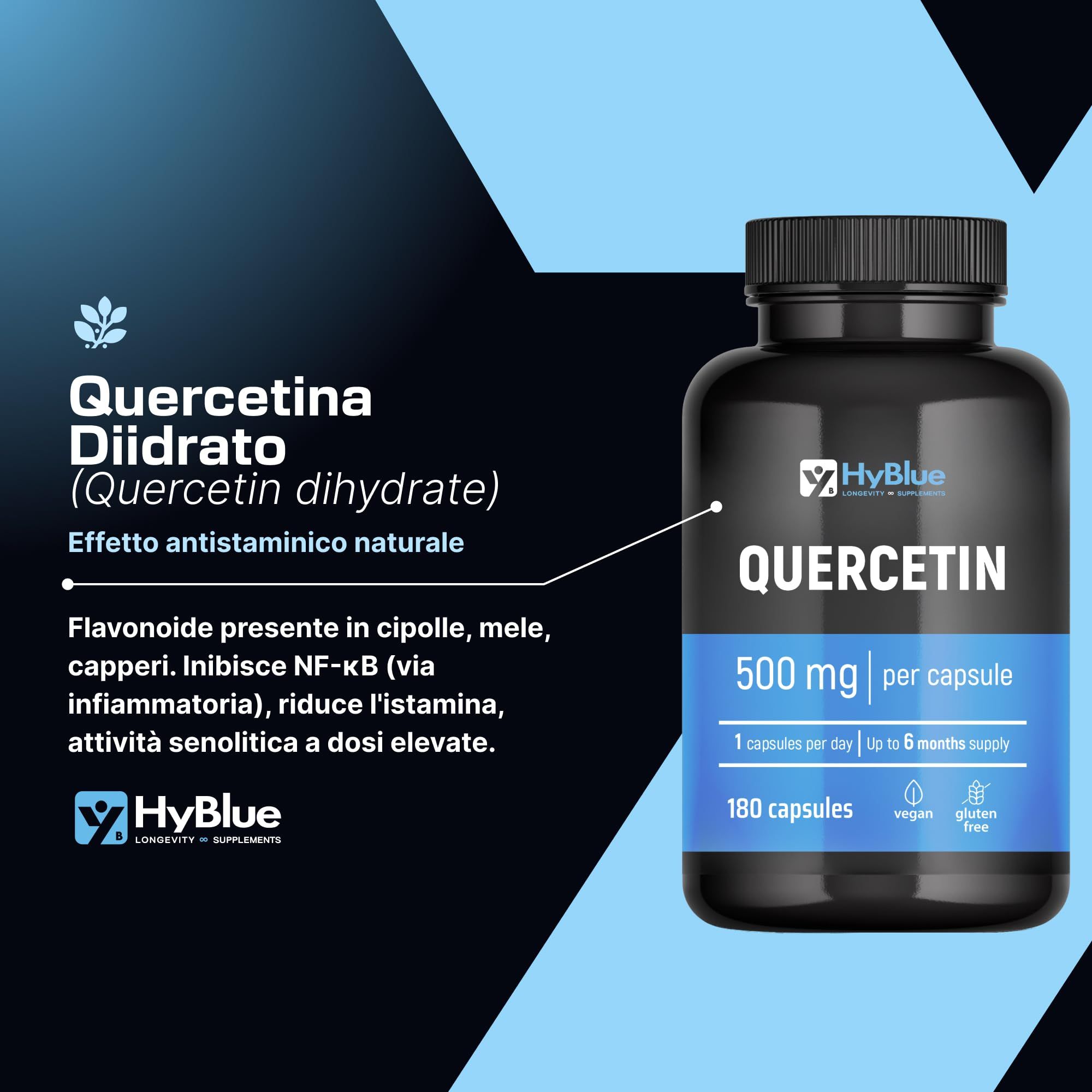 Flacone nero HyBlue Quercetin, 500 mg per capsula, 180 capsule.