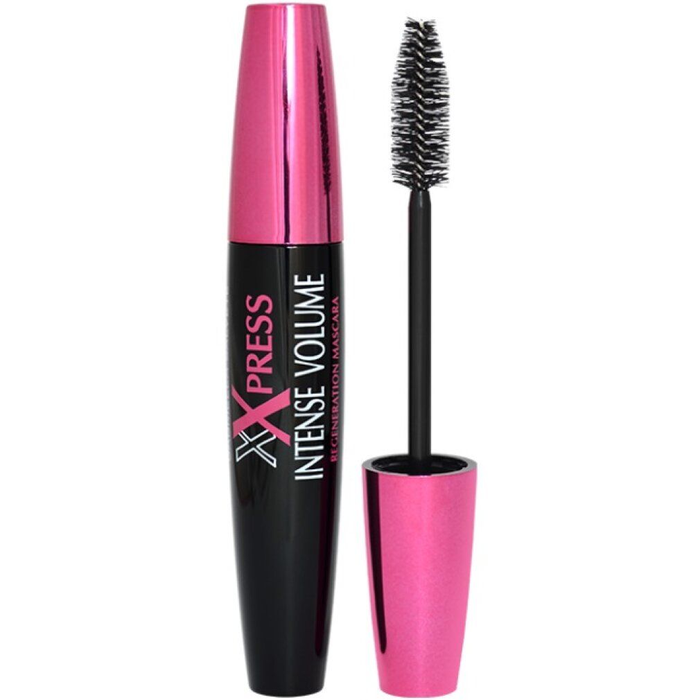 Spazzola e contenitore per mascara neri con dettagli rosa. Scritta: Xpress Intense Volume.