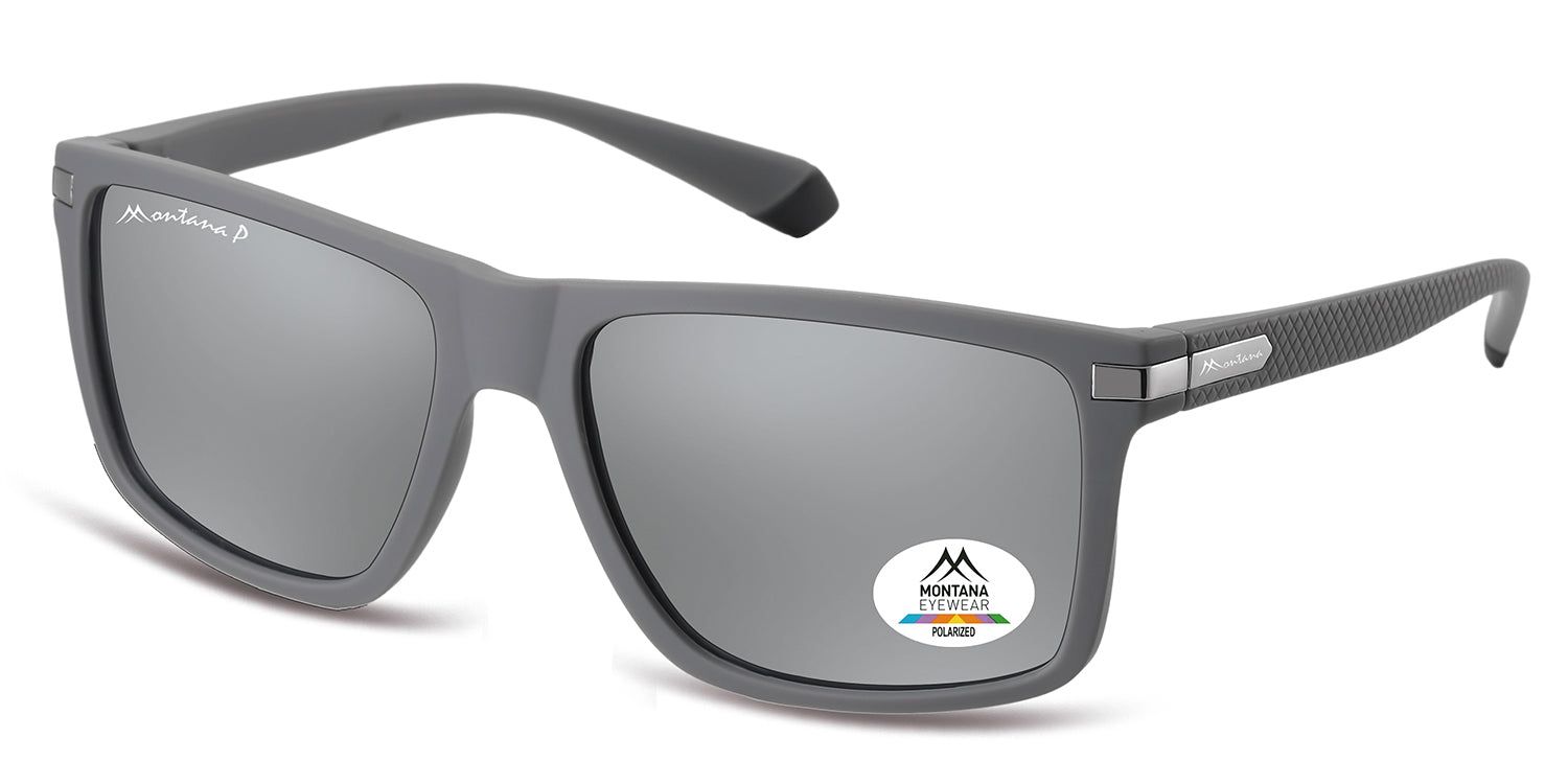 Occhiali da sole grigi con lenti rettangolari. Logo Montana Eyewear sulla stanghetta e sulla lente. Lenti polarizzate.