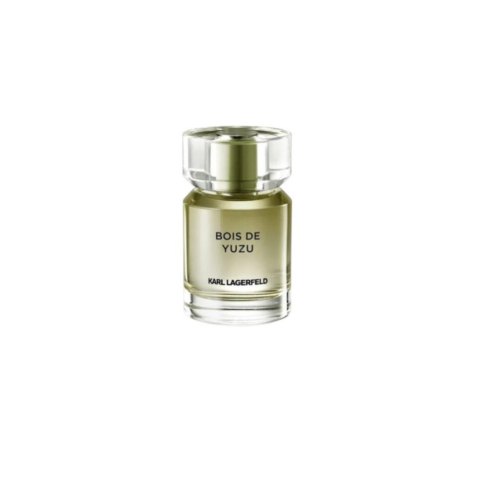Flacone Karl Lagerfeld Bois de Yuzu. Flacone trasparente con tappo trasparente. Scritta Bois de Yuzu e Karl Lagerfeld.