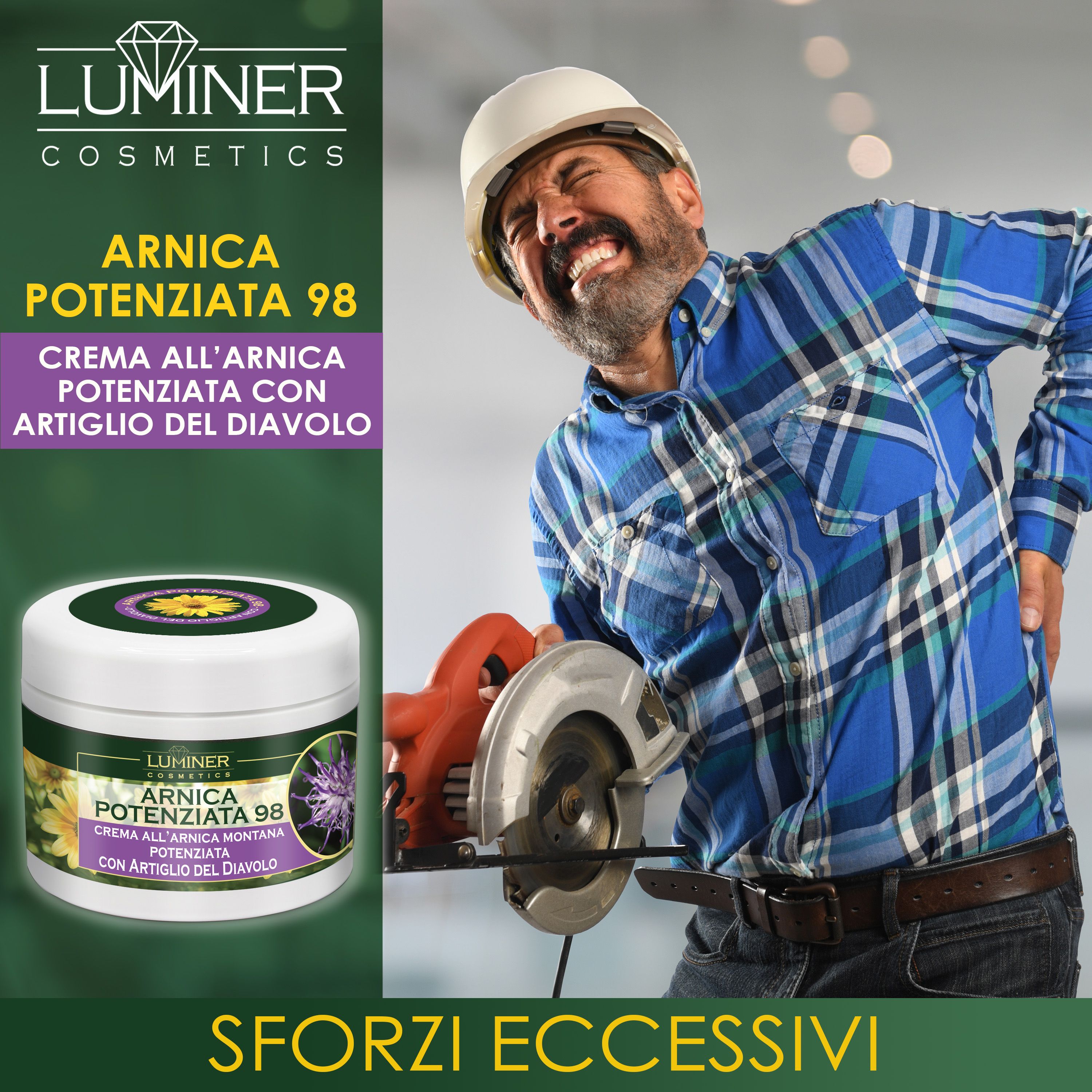 Uomo con mal di schiena al lavoro. Accanto, un vasetto di LUMINER ARNICA POTENZIATA 98.