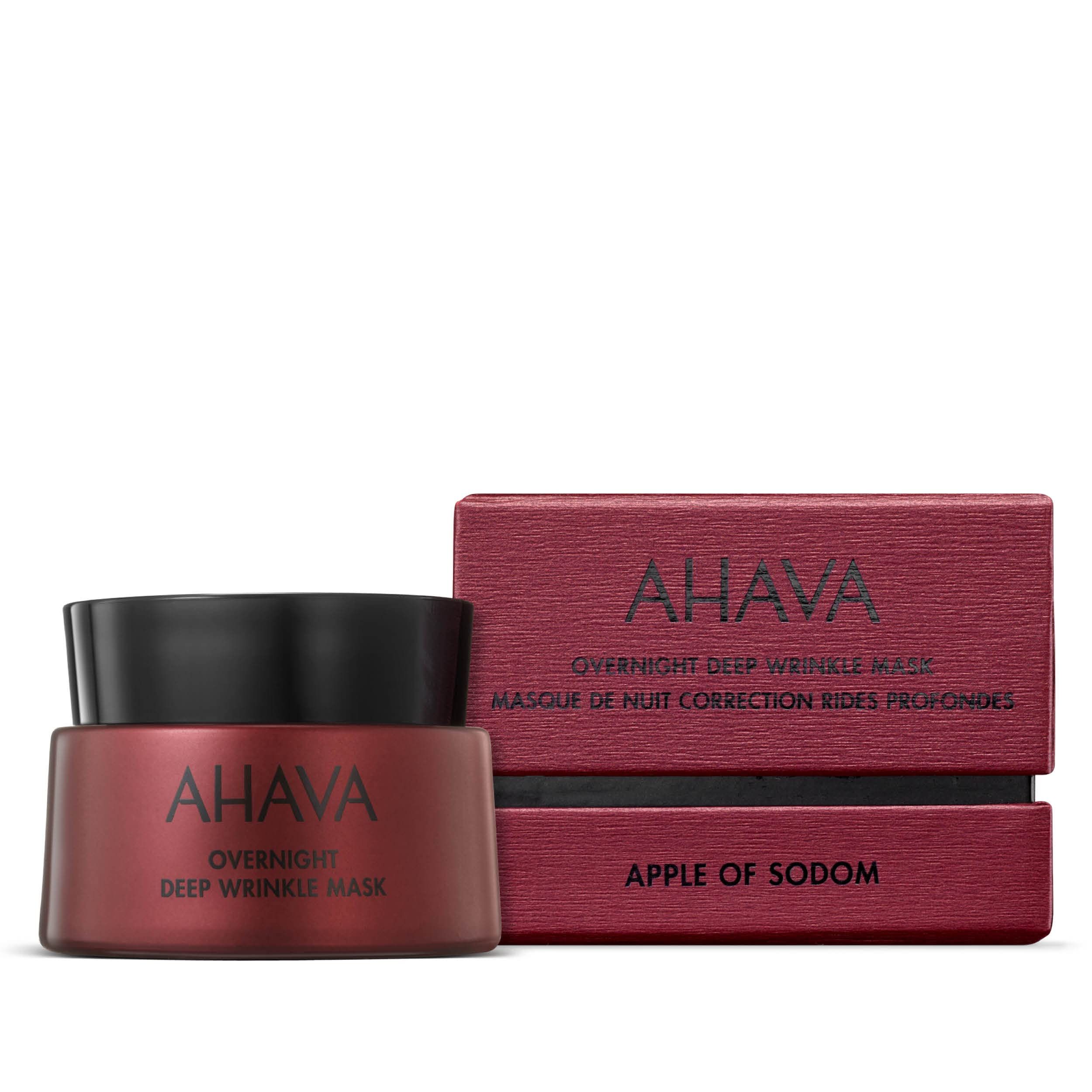 Maschera viso AHAVA con confezione. Vasetto rosso, coperchio nero, scritta.