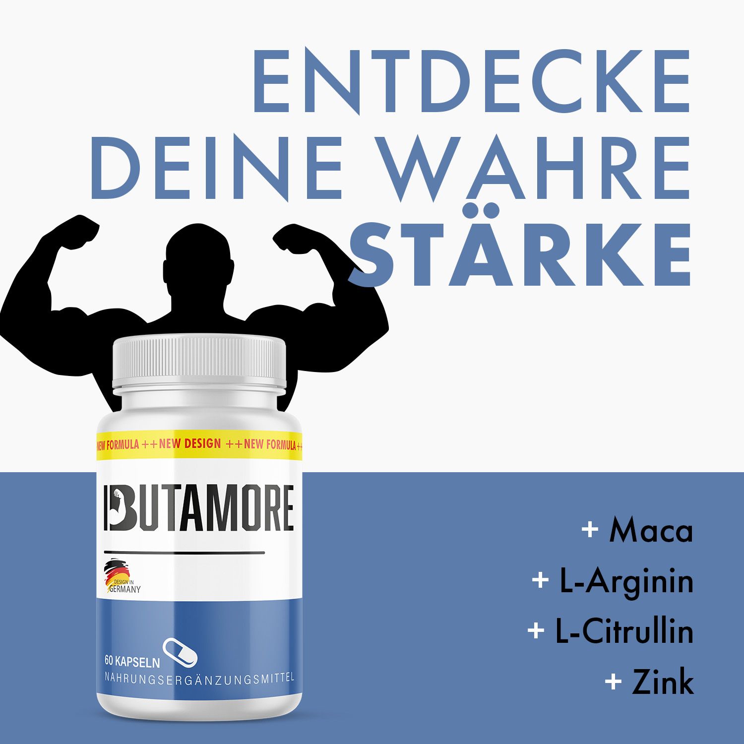 Flacone bianco Ibutamore Kapseln. Silhouette nera di uomo muscoloso. Ingredienti: Maca, L-Arginina, L-Citrullina, Zinco. Testo blu e bianco.