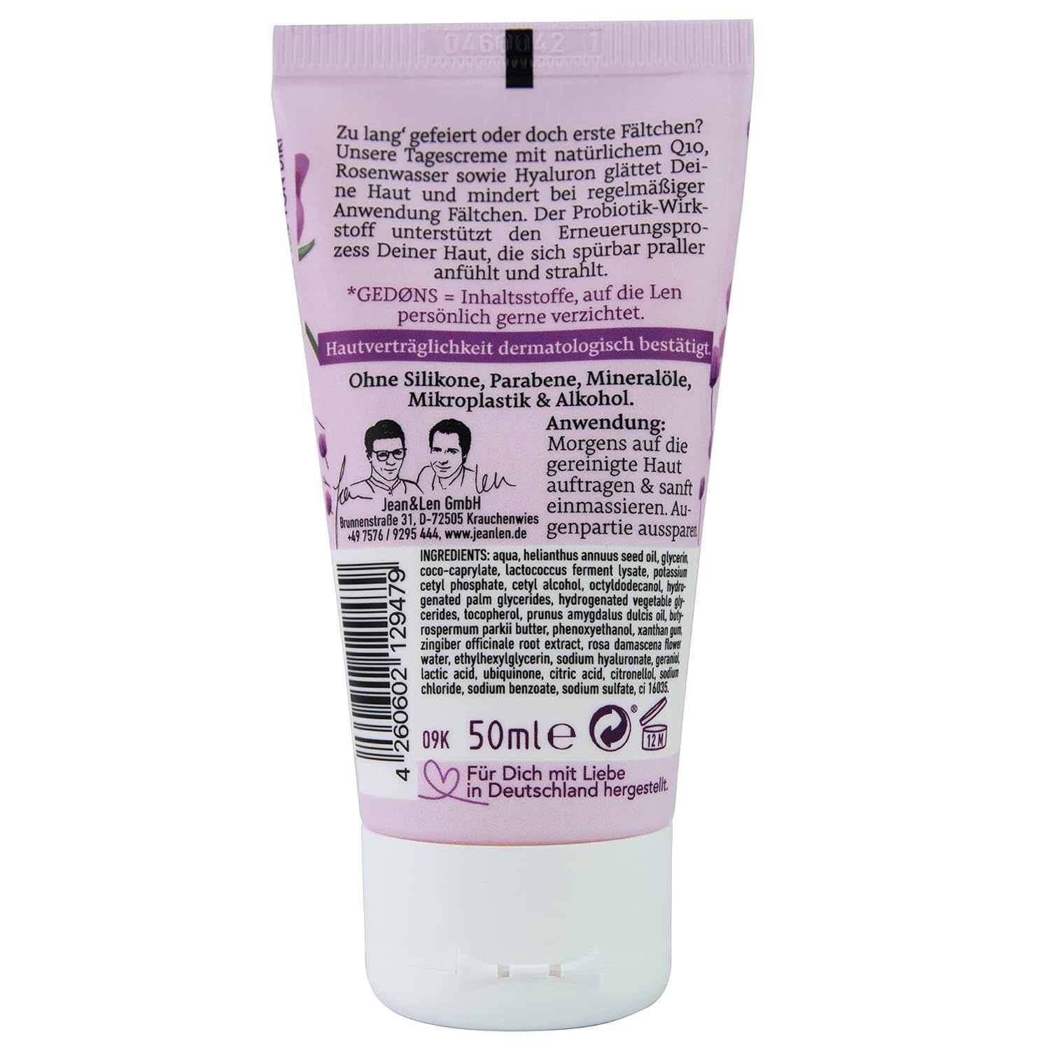 Retro di un tubo rosa. Testo: Ingredienti, 50ml, dermatologicamente testato. Logo: Jean & Len. Senza siliconi, parabeni, oli minerali.