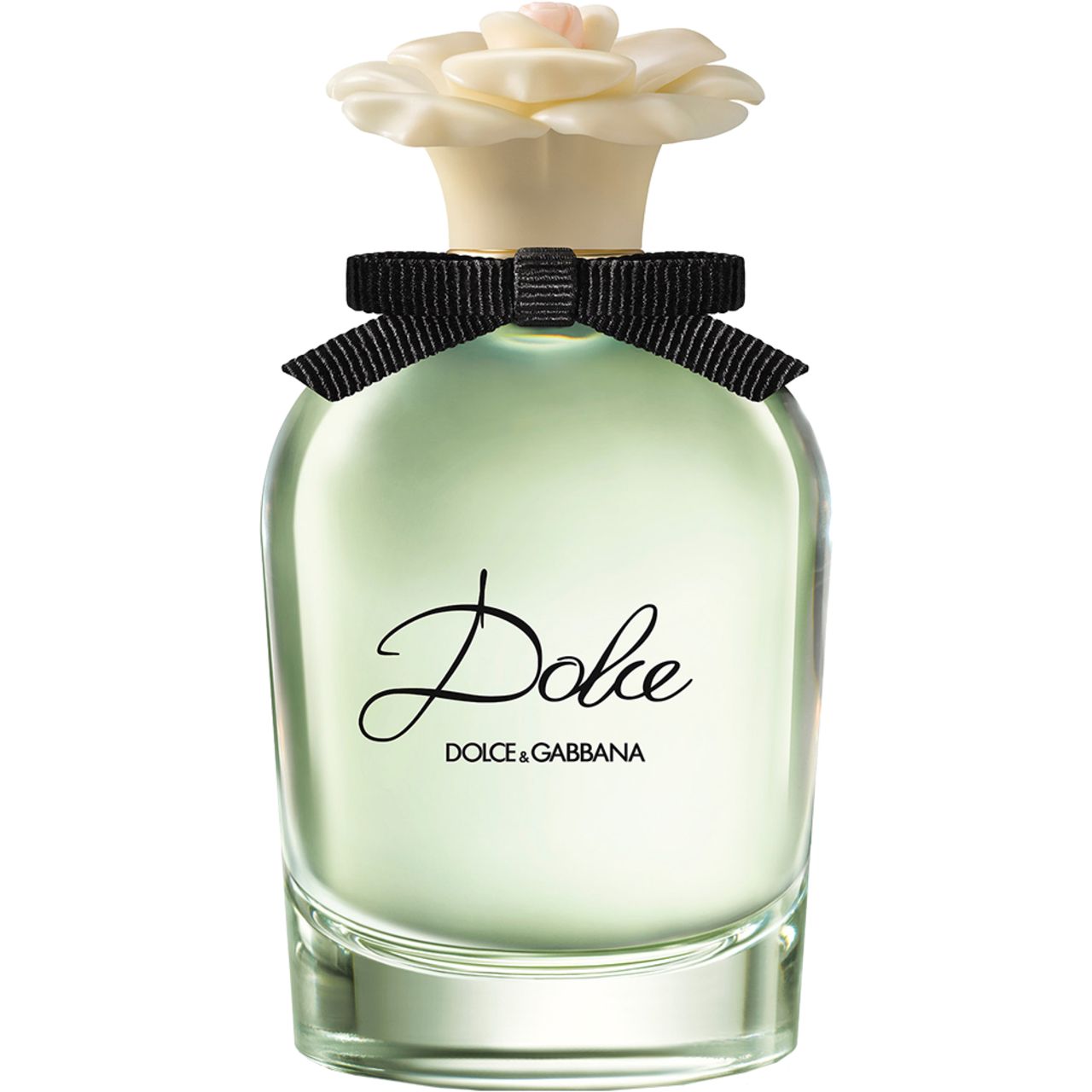 Flacone di profumo con fiore bianco, fiocco nero e scritta 'Dolce' di Dolce & Gabbana.