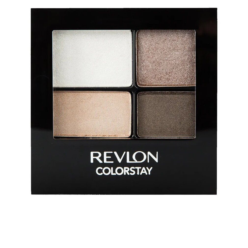 Palette ombretto Revlon Colorstay. Quattro tonalità. Confezione nera. Tonalità marroni chiare e scure.