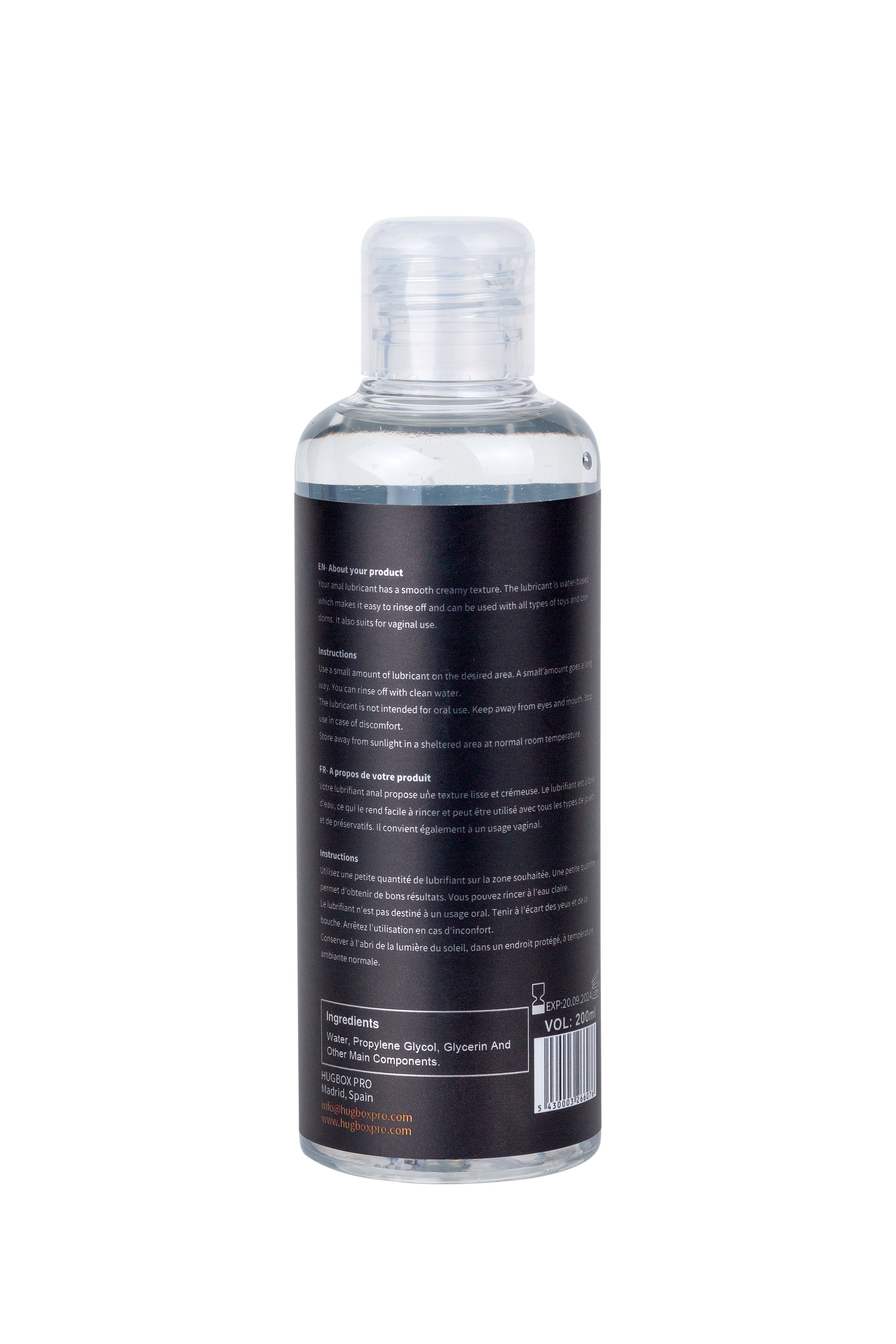 Liquido trasparente in bottiglia con etichetta nera. Ingredienti e istruzioni visibili. Volume: 200ml.