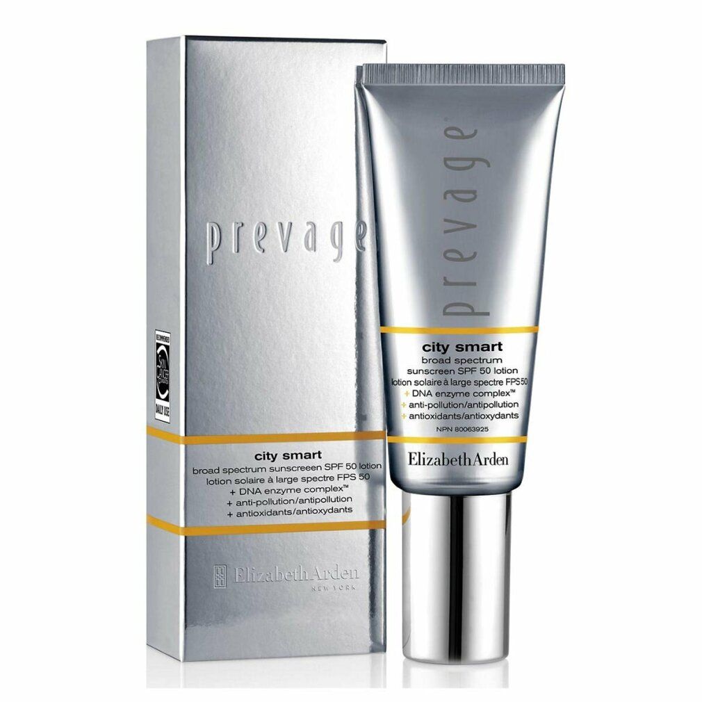 Tubo e scatola argentati Elizabeth Arden Prevage City Smart SPF 50. Testo: City Smart, DNA Enzyme Complex, Anti-pollution.