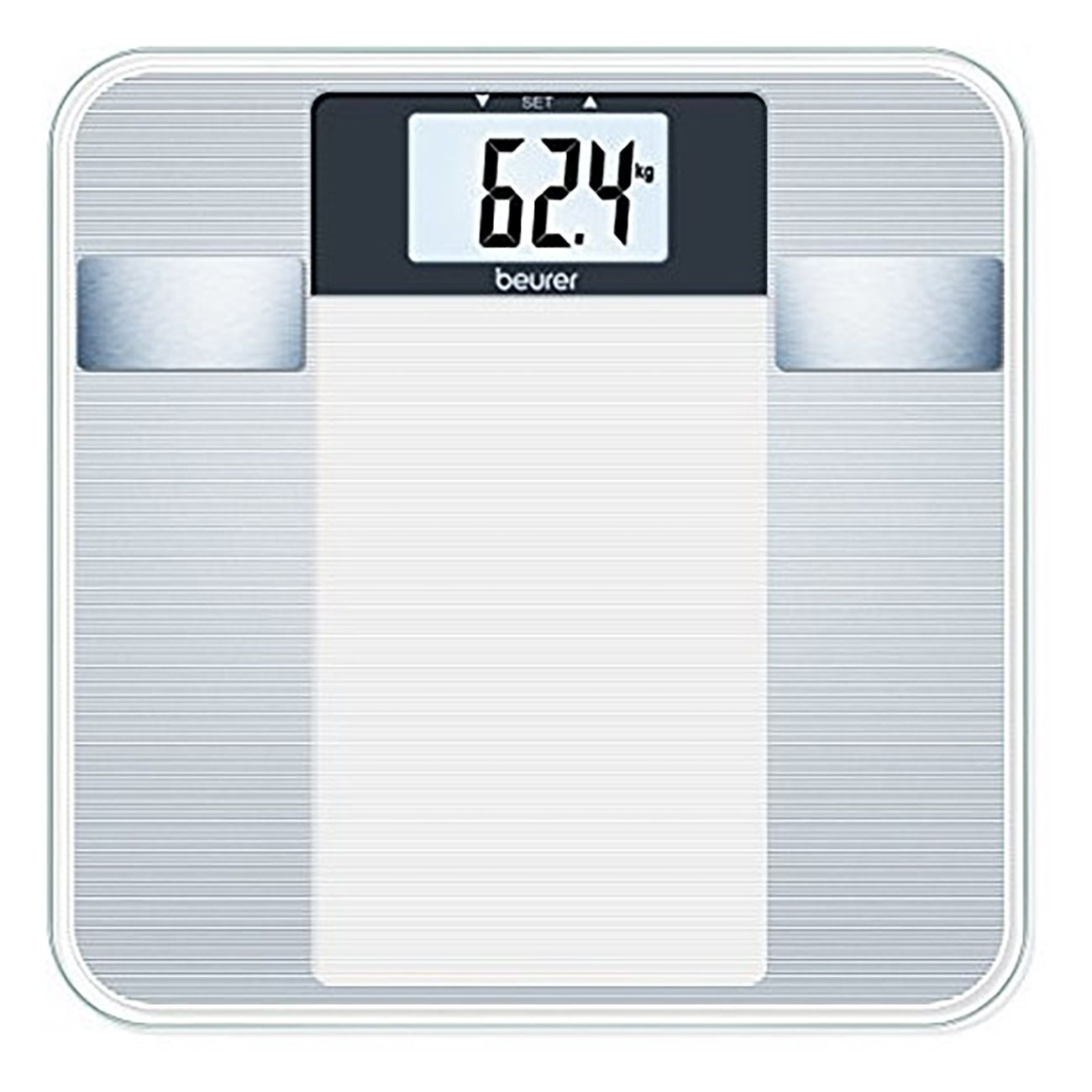 Bilancia digitale con display LCD. Mostra 62,4 kg. Design argento, forma rettangolare con angoli arrotondati. Marchio: Beurer.