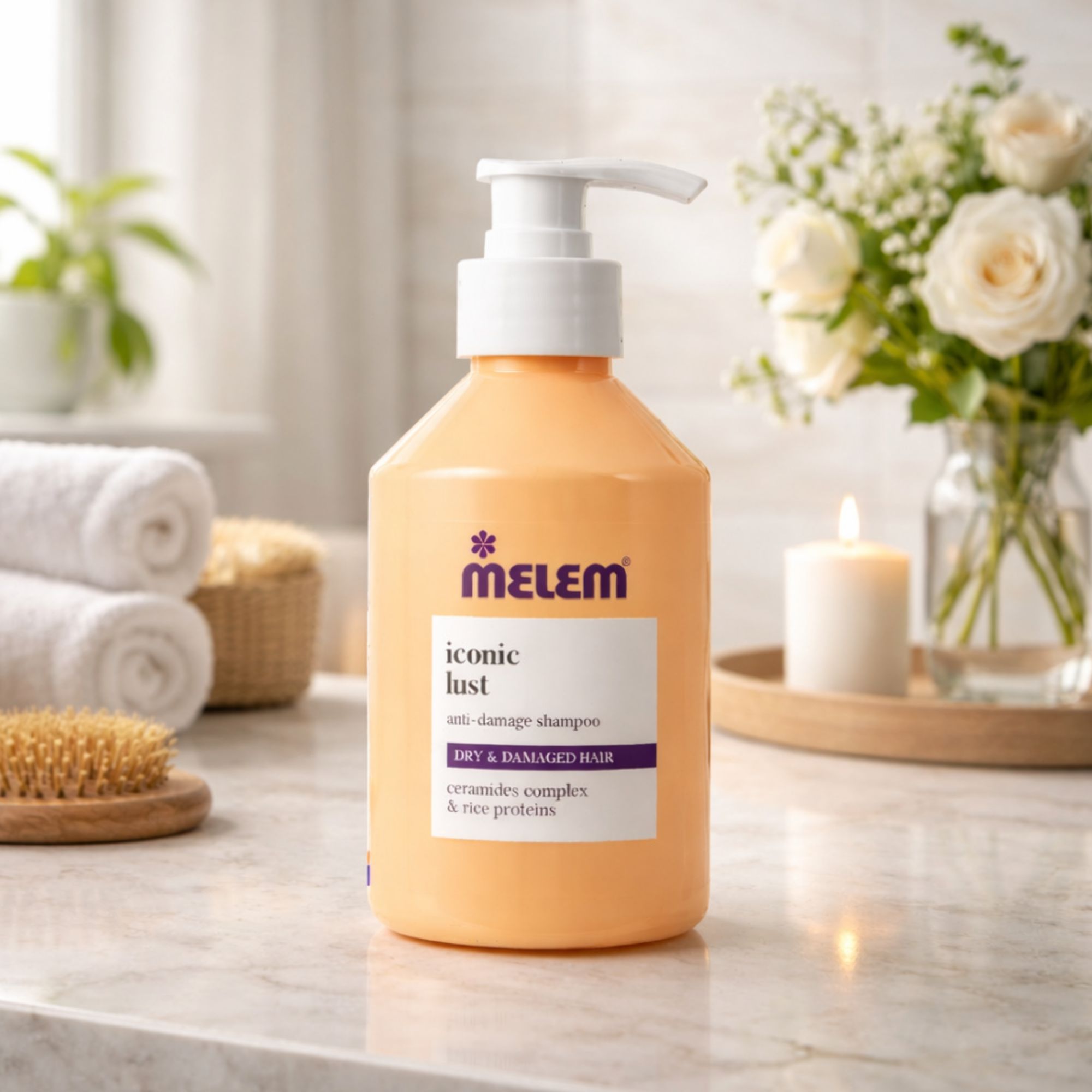Flacone di shampoo beige con dosatore bianco. Scritta: Melem iconic lust. Anti-Damage Shampoo. Per capelli secchi e danneggiati. Su una superficie del bagno.