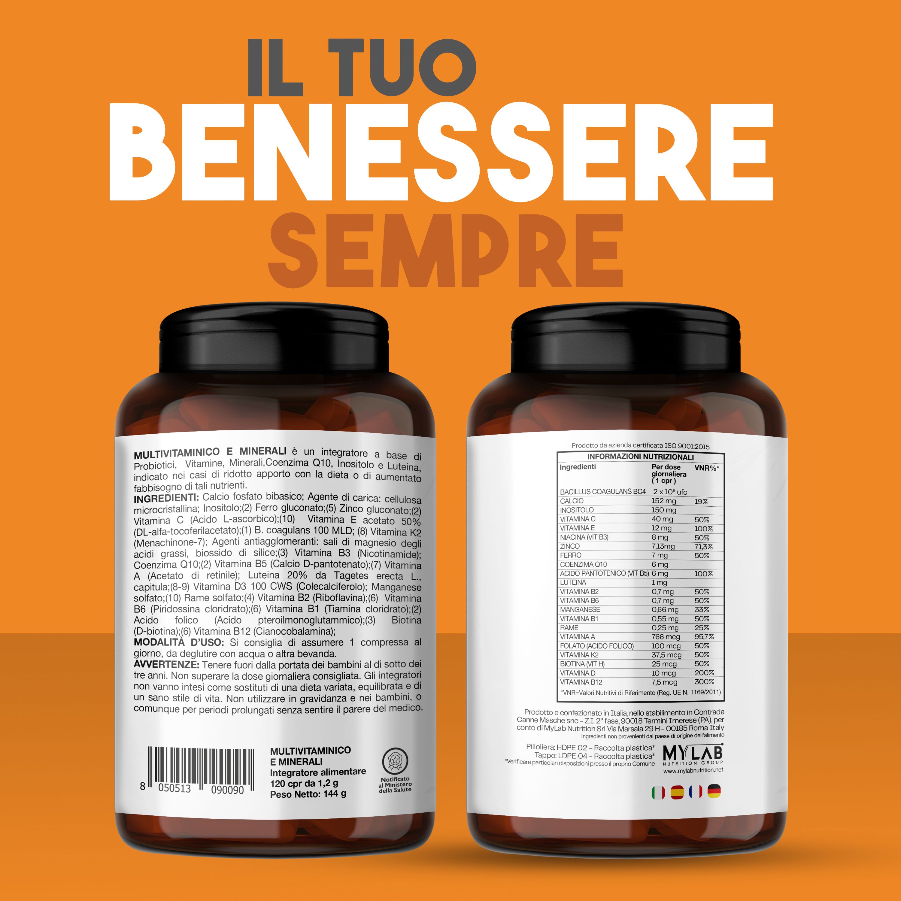 Due flaconi 360° DEFENDER Multivitaminico. Retro con ingredienti e informazioni nutrizionali. Logo T-Rex Integratori.