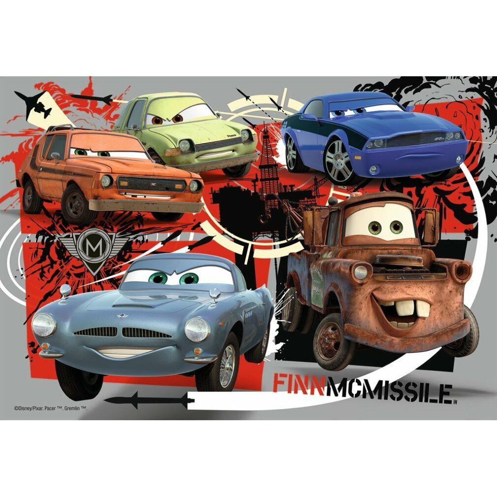 Puzzle con personaggi Cars. Sei auto su sfondo grigio. Logo e scritta 'Finn McMissile' visibili.