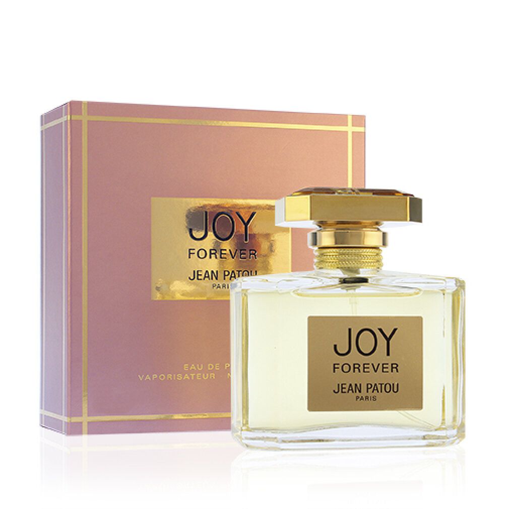 Flacone di profumo e scatola. Scritta: JOY FOREVER JEAN PATOU PARIS. Scatola rosa, testo dorato. Flacone con tappo dorato.