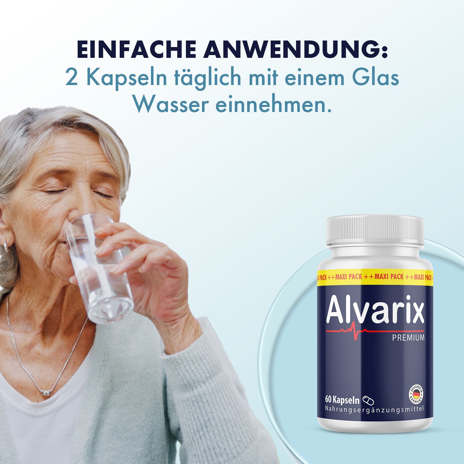 Donna anziana beve acqua da un bicchiere. Accanto, un flacone Alvarix Premium Kapseln. Testo: Uso semplice: 2 capsule al giorno con acqua.