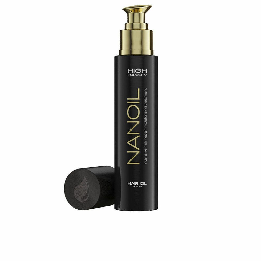 Flacone nero con erogatore dorato. Scritta: NANOIL, HIGH POROSITY, HAIR OIL. Tappo accanto.