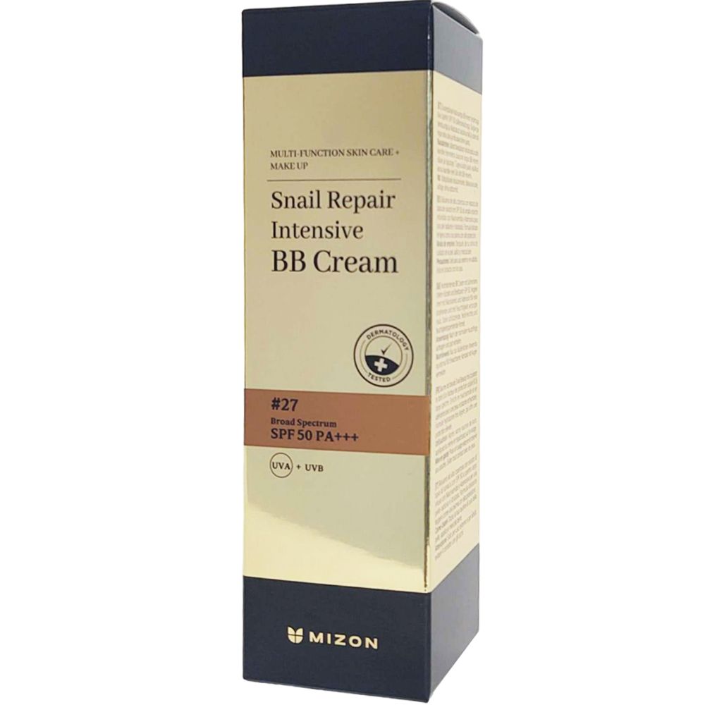 Confezione della BB Cream. Scritta Snail Repair Intensive BB Cream Nr. 27, SPF 50 PA+++. Marchio MIZON.