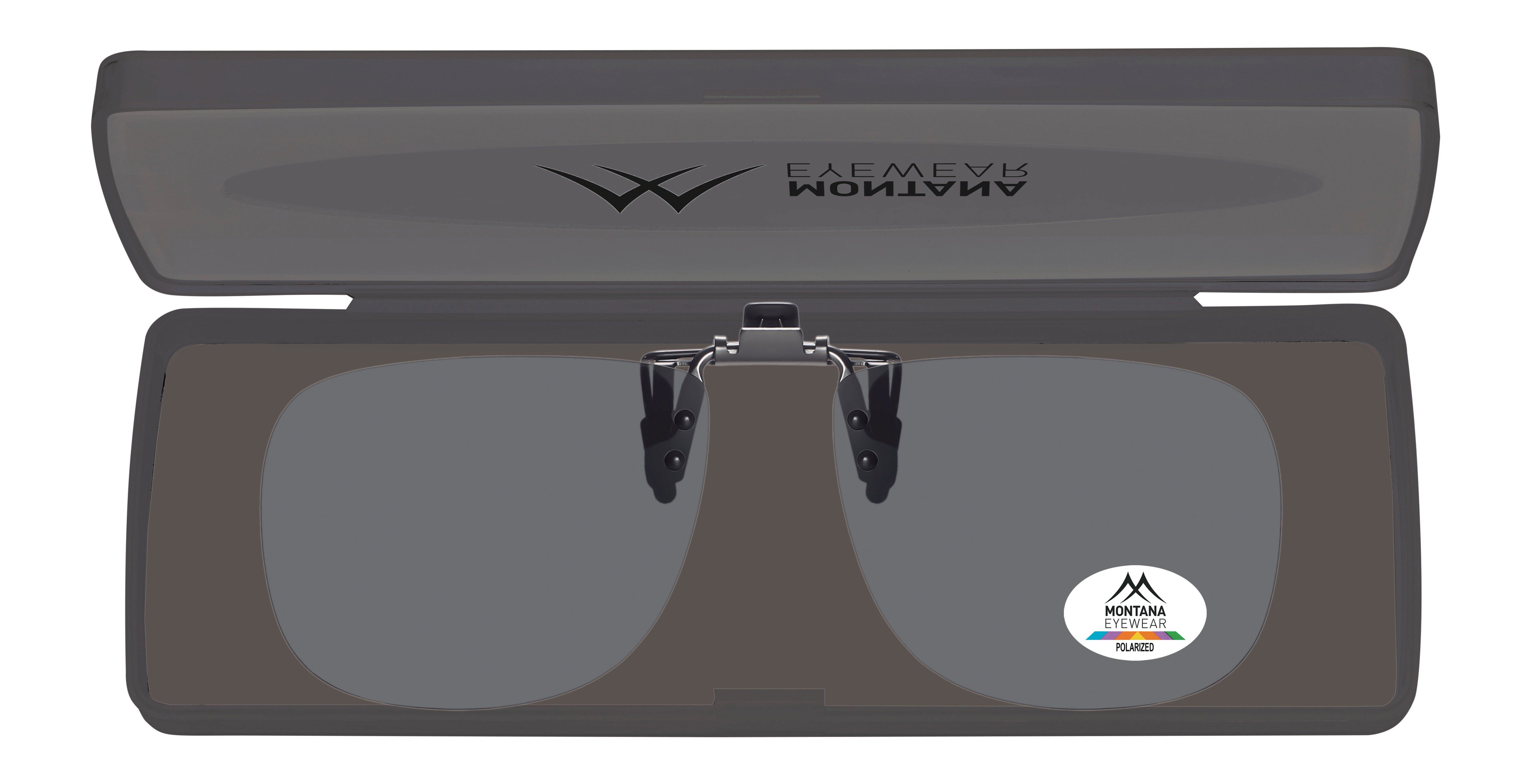 Occhiali da sole clip-on Montana Eyewear Mauritius in custodia. Lenti grigie, logo. Custodia con logo del marchio.