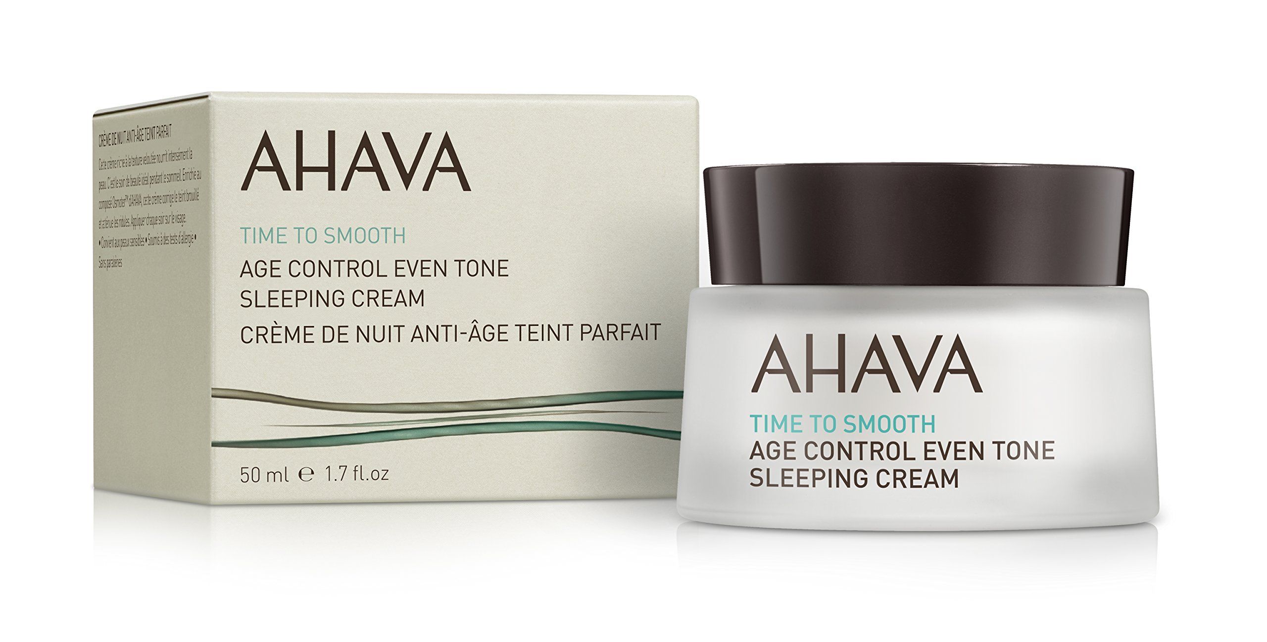 Vaso e scatola di crema. Scritta: AHAVA, Time to Smooth, Age Control Even Tone Sleeping Cream. Crème de Nuit Anti-Âge Teint Parfait. 50 ml.