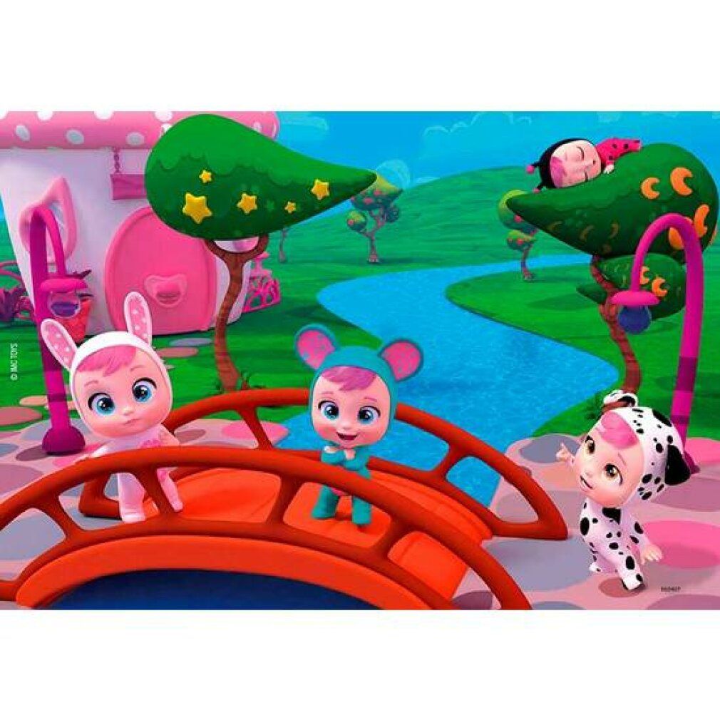 Immagine del puzzle con personaggi Cry Babies su un ponte. Sfondo con alberi, fiume e case.