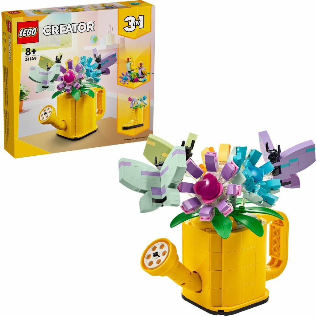 Set LEGO annaffiatoio giallo con fiori colorati. La confezione mostra il modello 3-in-1. Età consigliata: 8+