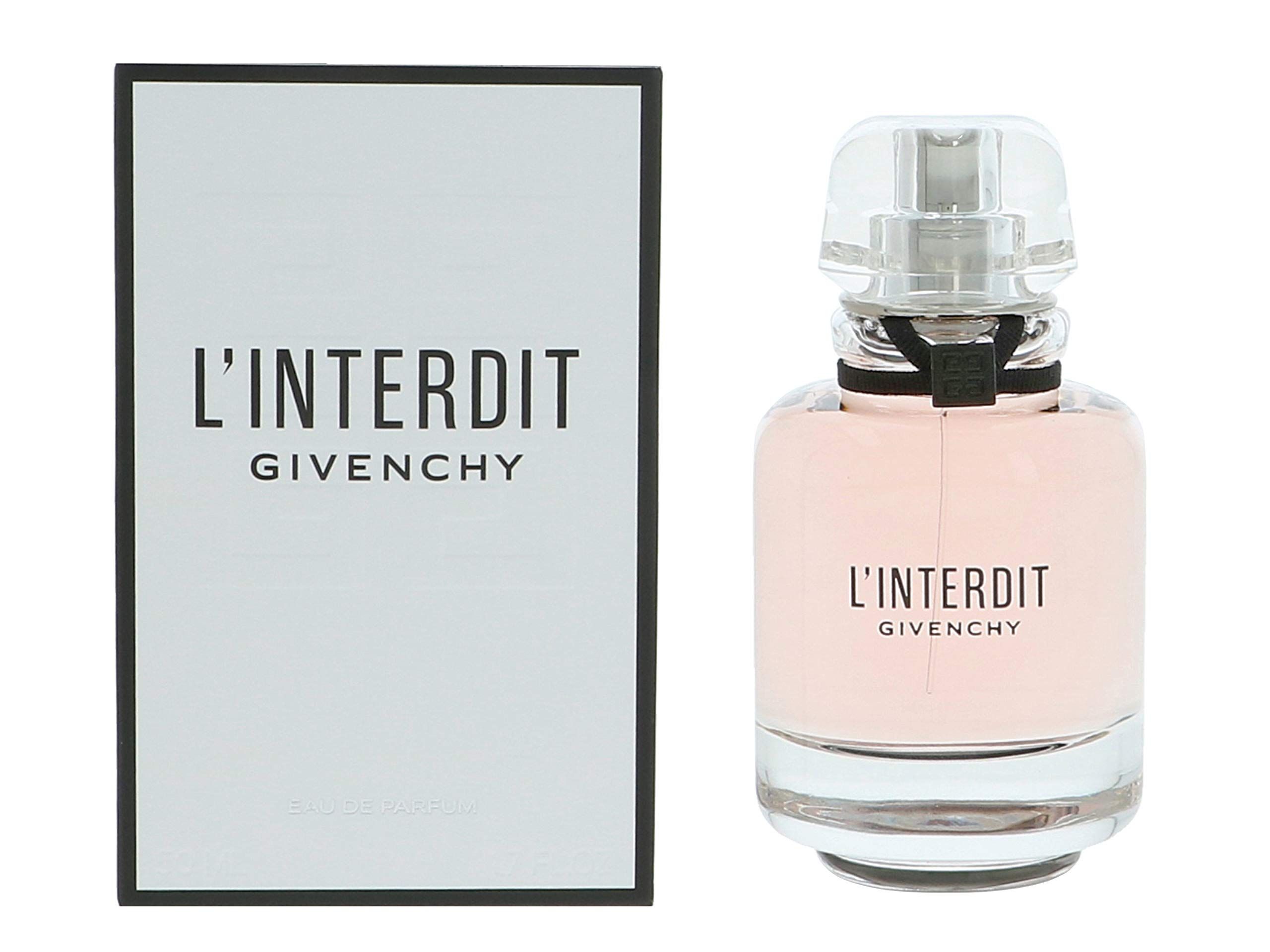 Flacone e confezione di L'Interdit Eau de Parfum. Flacone rosa, trasparente. Confezione bianca con cornice nera e testo.