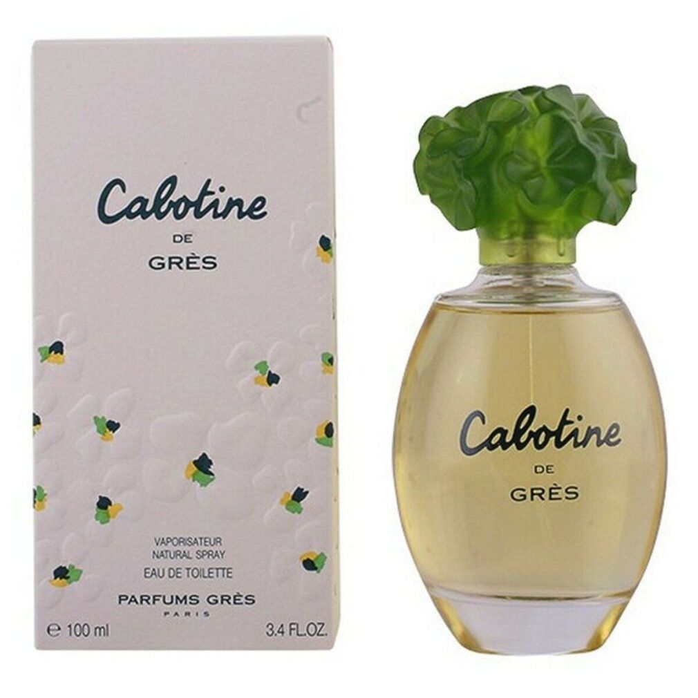 Flacone in vetro e scatola. Flacone con tappo verde a forma di fiore. Scatola con scritta: Cabotine de Grès.