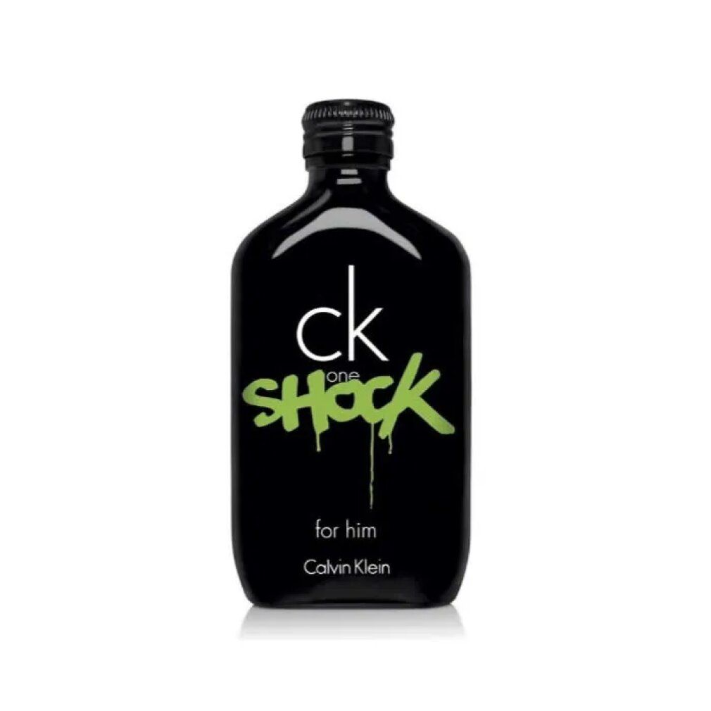 Flacone nero con scritta verde "Shock". Visibili anche "ck one" e "for him". Tappo nero.