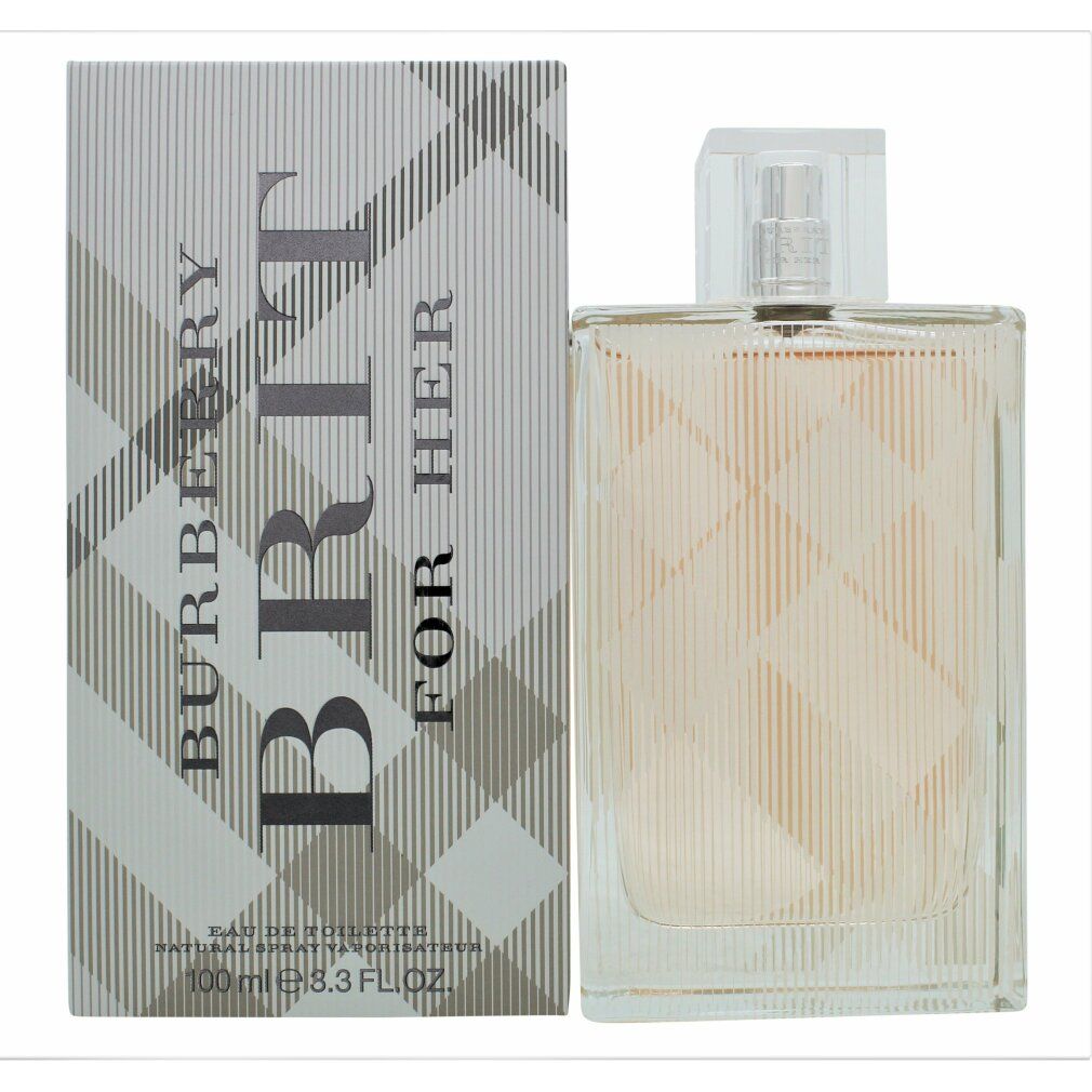 Flacone di profumo e scatola. Scritta: Burberry Brit for Her. Motivo a quadri grigio e bianco. Testa spray trasparente.