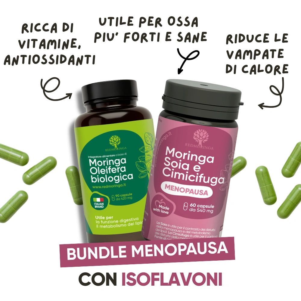 Due flaconi di integratori con capsule. Testo: Bundle Menopausa, ricco di vitamine, antiossidanti.