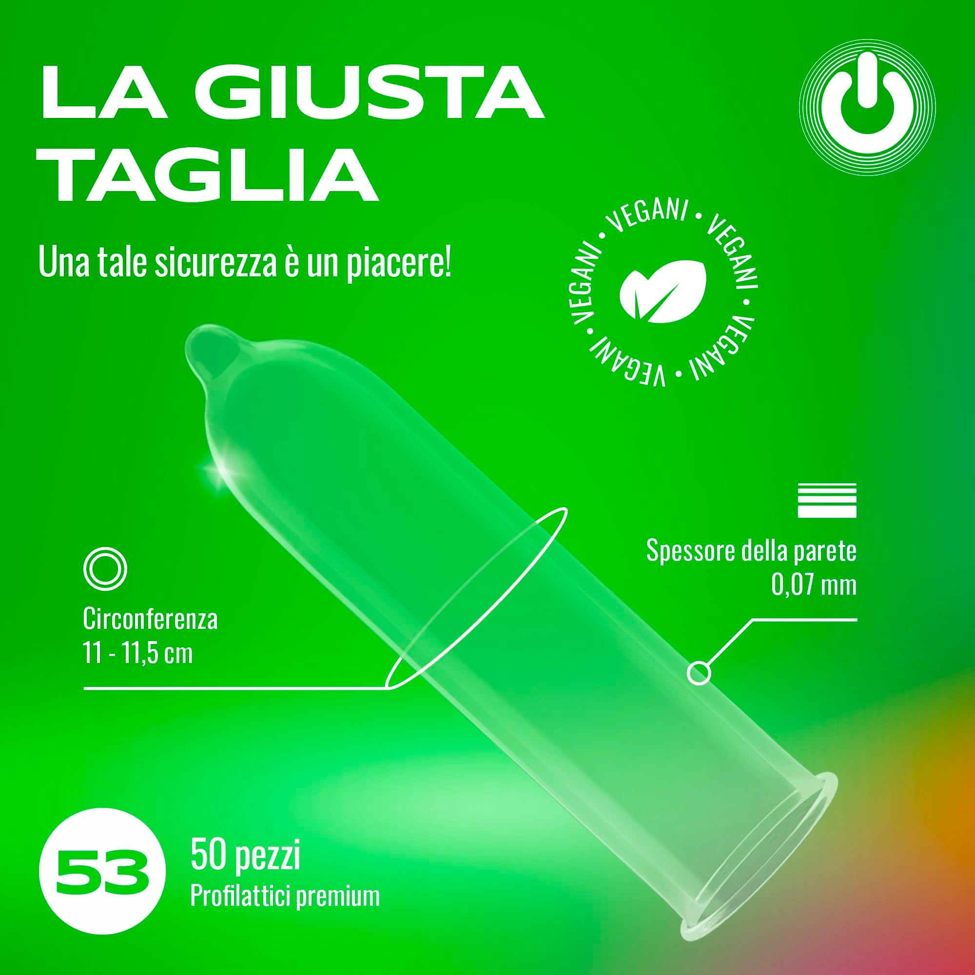 Preservativo verde con indicazioni di circonferenza (11-11,5 cm) e spessore (0,07 mm).