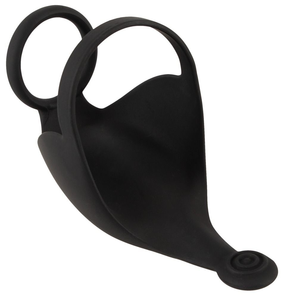 Anello per pene e scroto nero. Il prodotto ha una forma rotonda e una forma curva. È realizzato in materiale morbido.