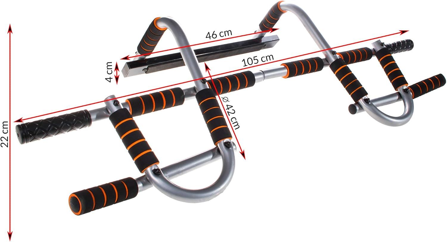Barra per trazioni con dimensioni. 105 cm di larghezza, 22 cm di altezza. Impugnature nere e arancioni.