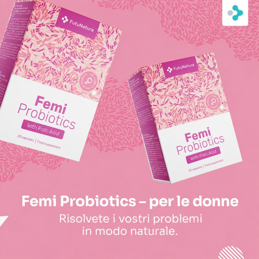 Donna si stira sul divano, scatola Femi Probiotics accanto. 20 capsule.
