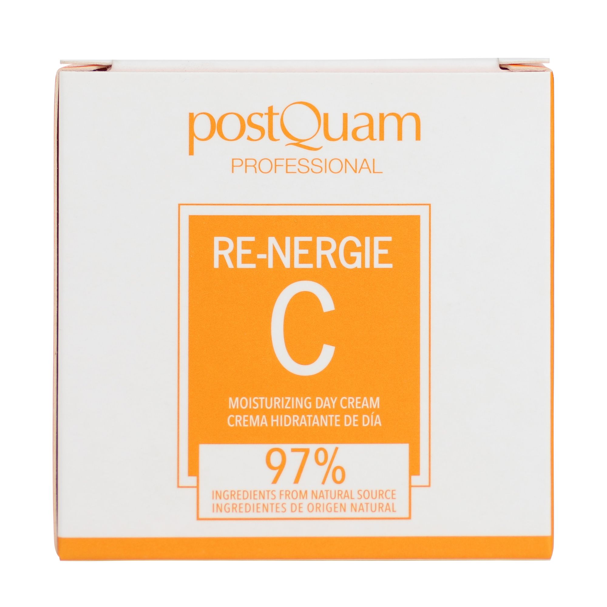 Confezione bianca con quadrato arancione. Testo: Re-Nergie C, Crema giorno idratante, 97% ingredienti. Marchio: PostQuam Professional.