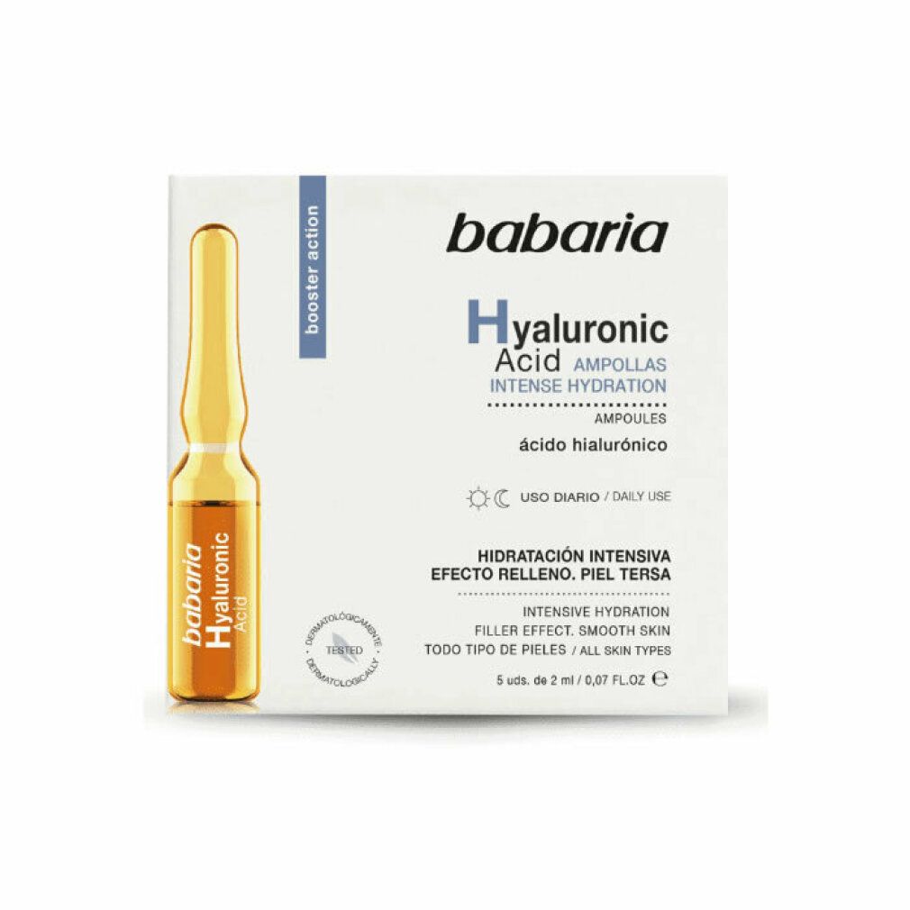 Confezione di Babaria Ampolle Acido Ialuronico. Un'ampolla visibile. Scritta: Hyaluronic Acid, Intense Hydration.