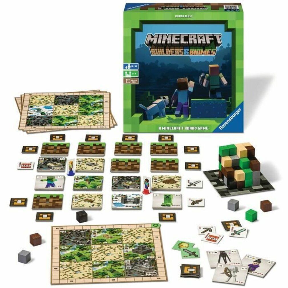 Gioco da tavolo Minecraft Builders & Biomes con materiali. Carte, figurine, dadi e tabellone. Logo e personaggi visibili. Ravensburger.