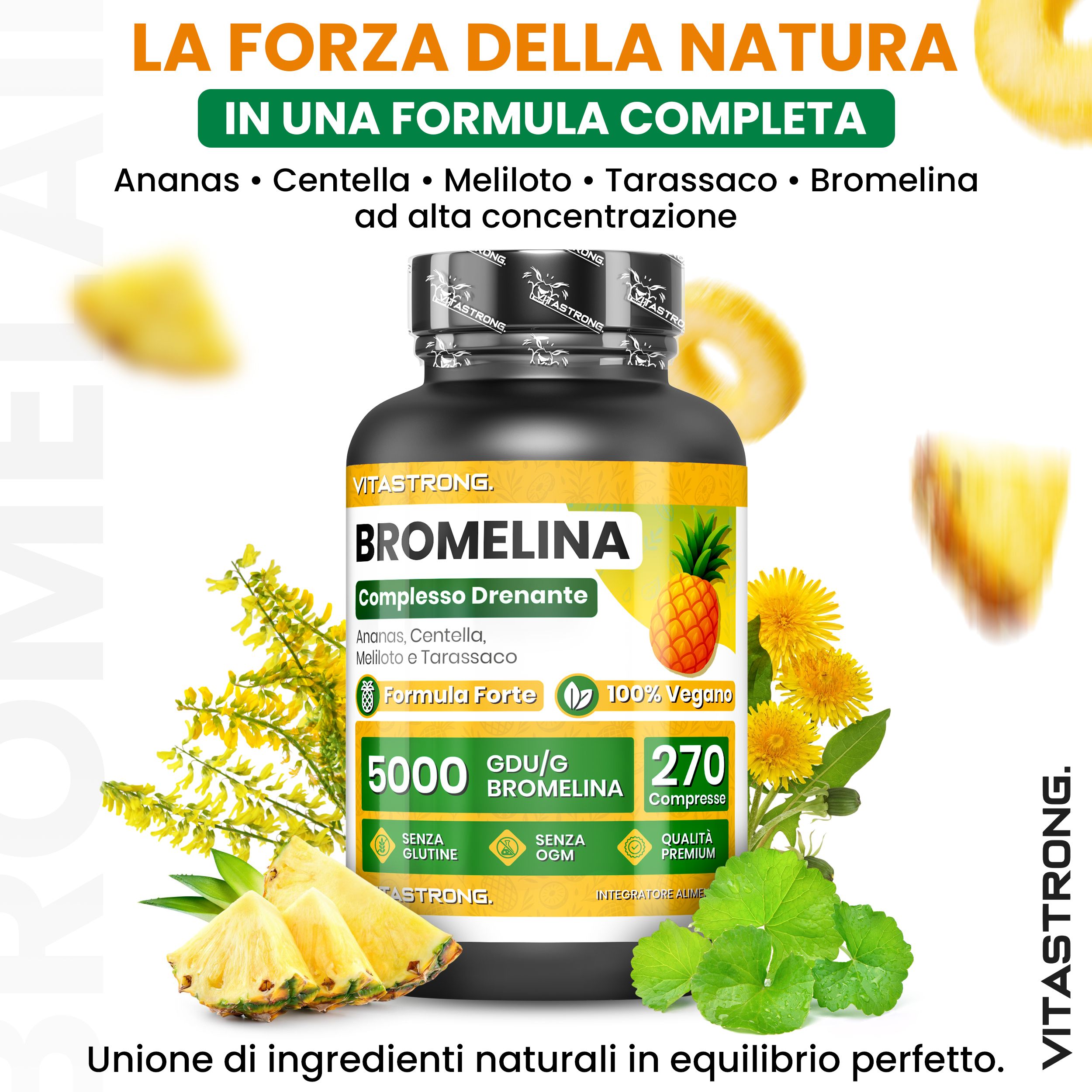Flacone di compresse nero con Bromelain. Ananas, fiori gialli e foglie sullo sfondo. Testo: 270 compresse.