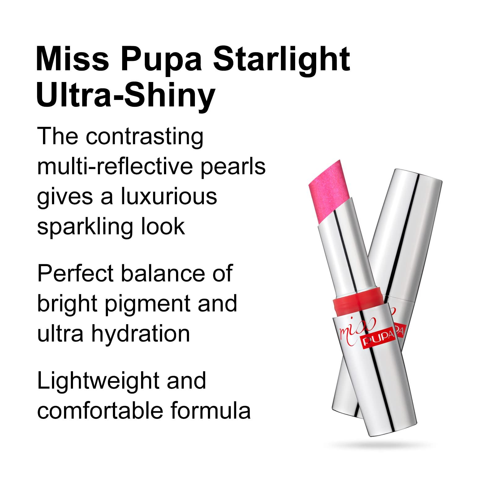 Rossetto rosa in stick con astuccio argento. Anello rosso con logo "Miss Pupa". Testo: Ultra-Shiny, formula leggera.