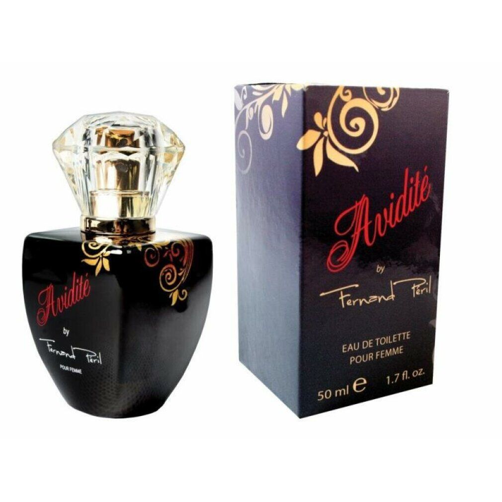 Flacone nero con tappo a diamante e confezione. Scritta "Avidité by Fernand Péril". 50 ml.