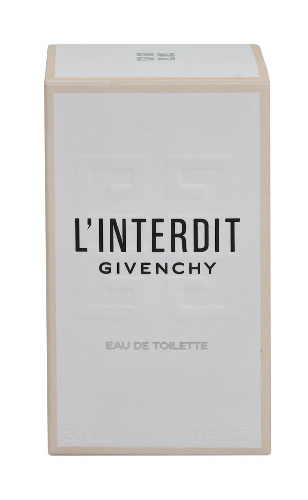 Scatola bianca con testo "L'INTERDIT" e "GIVENCHY". "EAU DE TOILETTE" sotto. 35ml e 1.0 FL.OZ. in basso.
