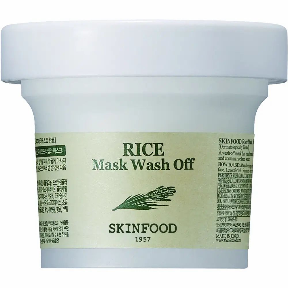 Vaso bianco con scritta "RICE Mask Wash Off" e logo. Marchio SKINFOOD.