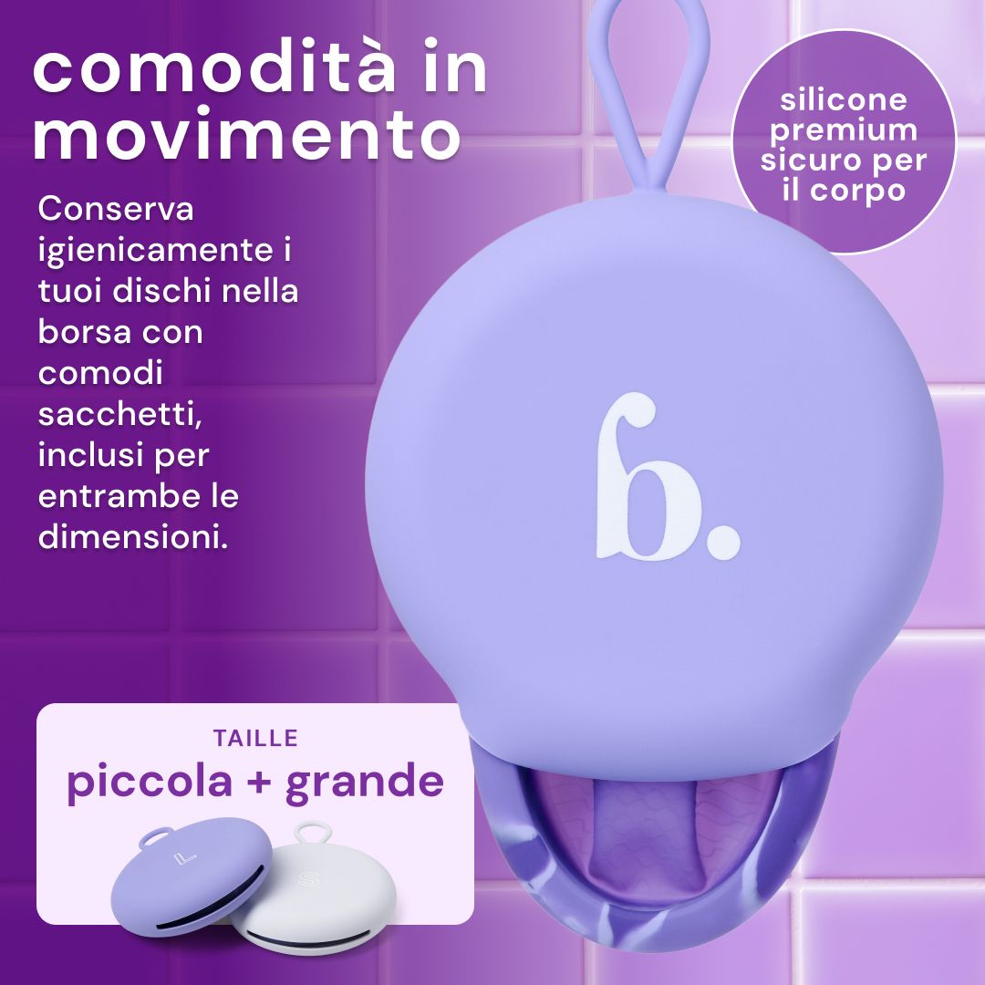 Disco mestruale viola in silicone morbido.