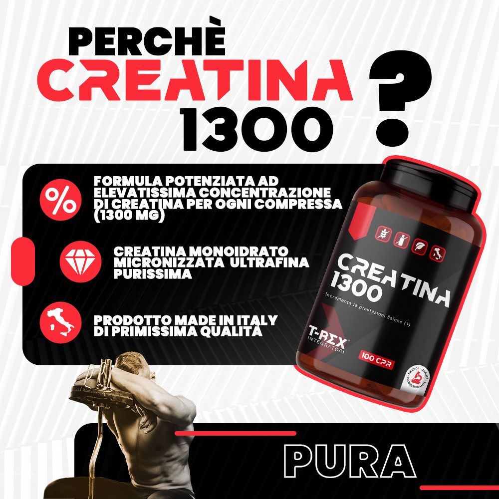 Flacone marrone scuro con Creatina 1300, logo T-Rex e 100 capsule.